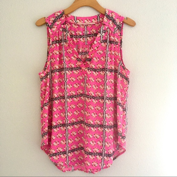 Women's 41 Hawthorn Hot Pink Print Sleeveless Top Sz M Shalley Split Neck Blouse - Picture 3 of 12